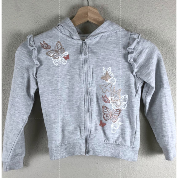 June Bug Hoodie Sweater Gray White Gold Butterfly Graphic Ruffled Zip Up Size 5 - Picture 12 of 12
